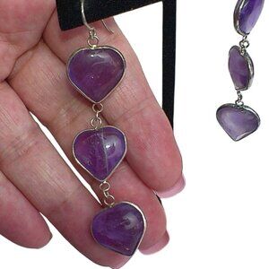 Amethyst Crystal Heart Dangle Earrings Sterling Silver Handmade